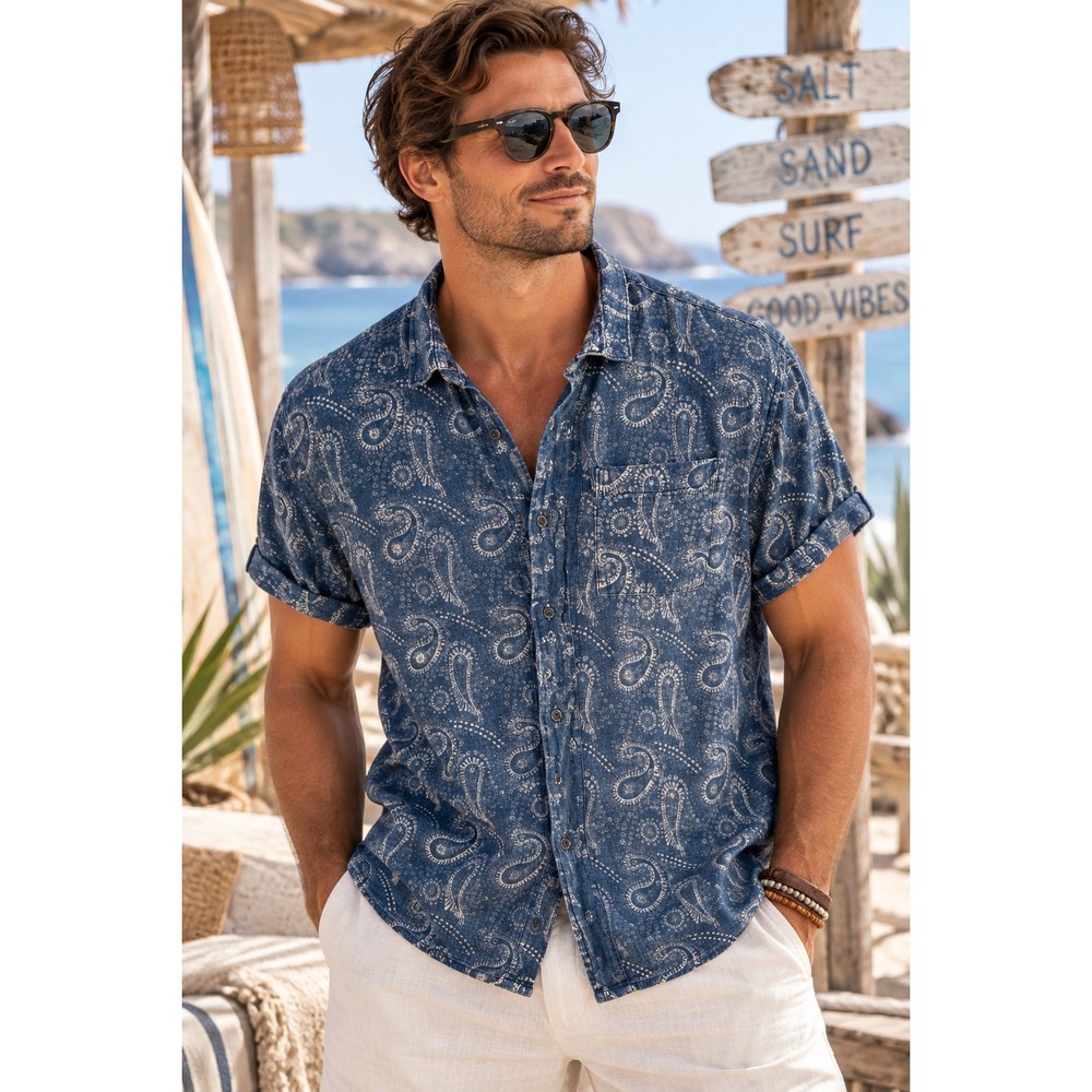 Scotch & Soda Amsterdams Blauw Paisley Linen Cotton Shirt Blue Mens M 134503-17